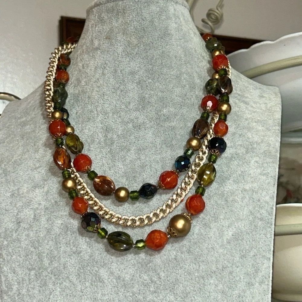 Western Germany Vintage Green Orange Gold Three Strand Necklace